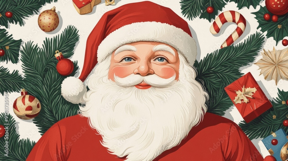 Closeup of a retro Christmas card with a nostalgic illustration of Santa Claus, surrounded by vintage holiday trinkets, isolated on a white background Closeup of a retro Christmas card with a nostalgic illustration of Santa Claus, surrounded by vintage holiday trinkets, isolated on a white background