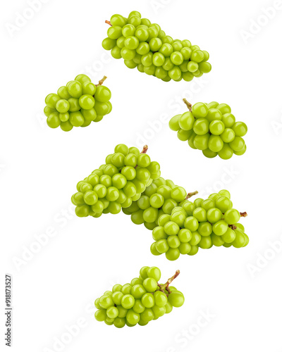 Falling green Grape bunch, isolated on white background, full depth of field