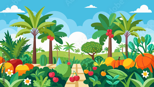 A garden with a separate sections of Herbs, trees in the background vector art illustration 