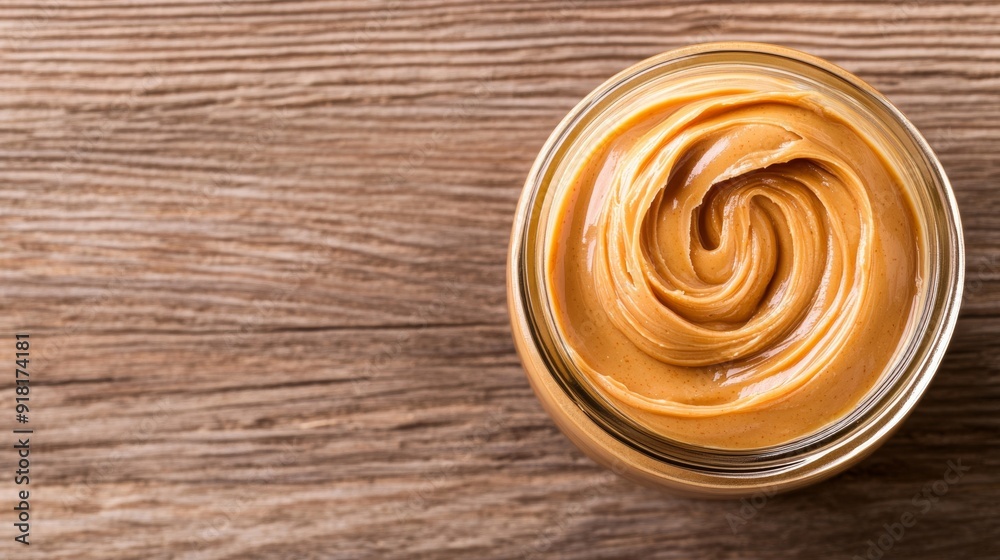 Closeup of a swirl of peanut butter in a glass jar, highlighting its creamy texture, on a rustic wooden table Closeup of a swirl of peanut butter in a glass jar, highlighting its creamy texture, on a rustic wooden table