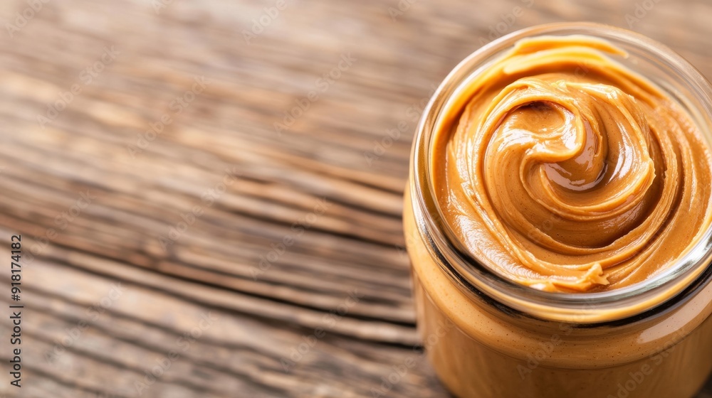 Closeup of a swirl of peanut butter in a glass jar, highlighting its creamy texture, on a rustic wooden table Closeup of a swirl of peanut butter in a glass jar, highlighting its creamy texture, on a rustic wooden table