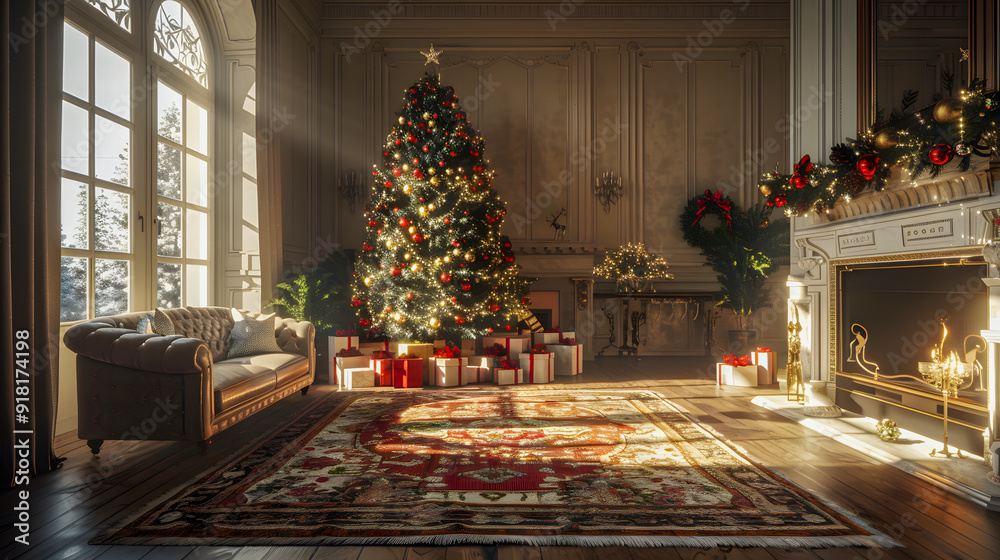 Intimate and calm spacious living room in the morning with sunshine with a giant decorated christmas tree with presents under it, and a fireplace