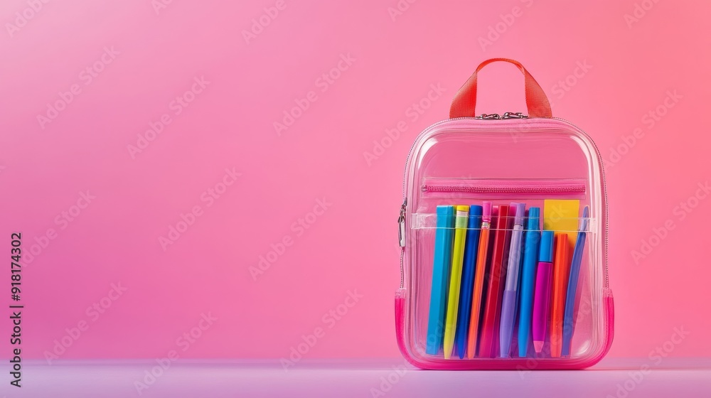 Closeup of a transparent backpack filled with colorful stationery, showcasing its clear design, isolated on a gradient background Closeup of a transparent backpack filled with colorful stationery, showcasing its clear design, isolated on a gradient background