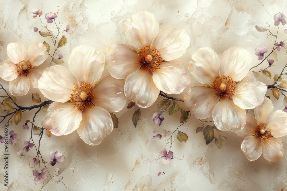 The floral wallpaper pattern features white petals with light green and purple details on a detailed background. Generative AI The floral wallpaper pattern features white petals with light green and purple details on a detailed background. Generative AI