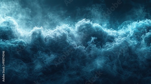 Green and Blue Smoke Abstract on Black Isolated Background: Soft Mystery Horror Design for Spooky Texture Concept