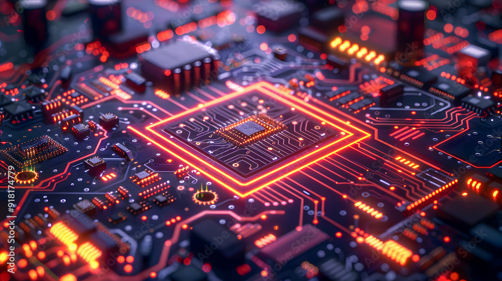 A macro image of a processor or a graphic card, technological device storing memory, hardware close-up, neon led lights A macro image of a processor or a graphic card, technological device storing memory, hardware close-up, neon led lights