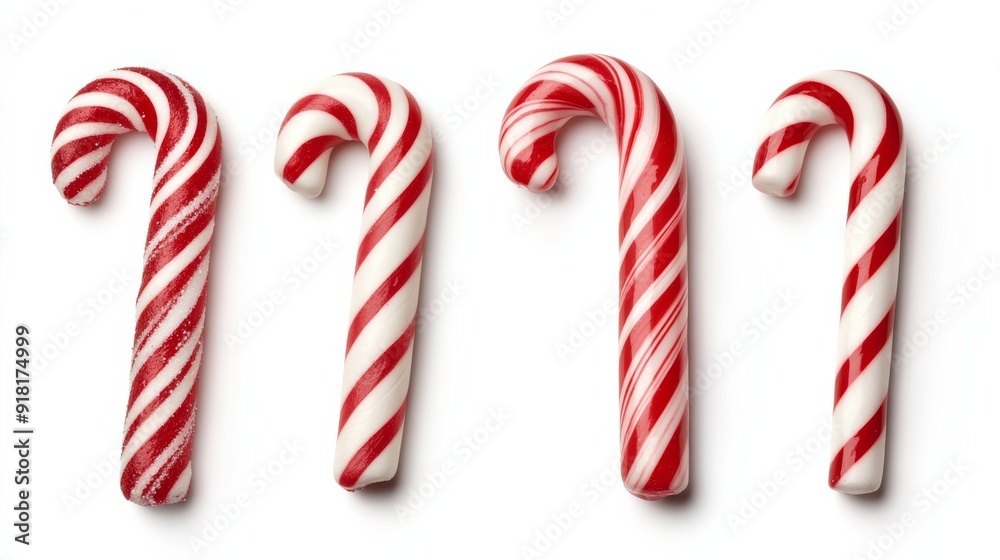 Obraz premium Closeup of Christmas candy cane in different shapes, isolated on white background, detailed red and white stripes, glossy finish 