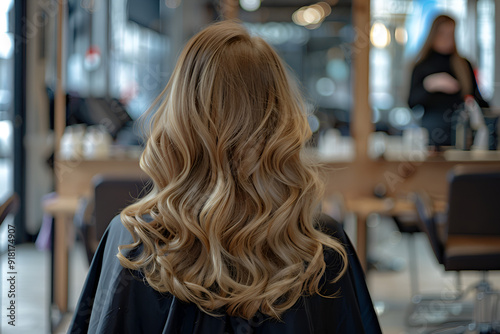 Photo of a beautiful blonde woman in a hair salon sitting on a chair, Generative AI