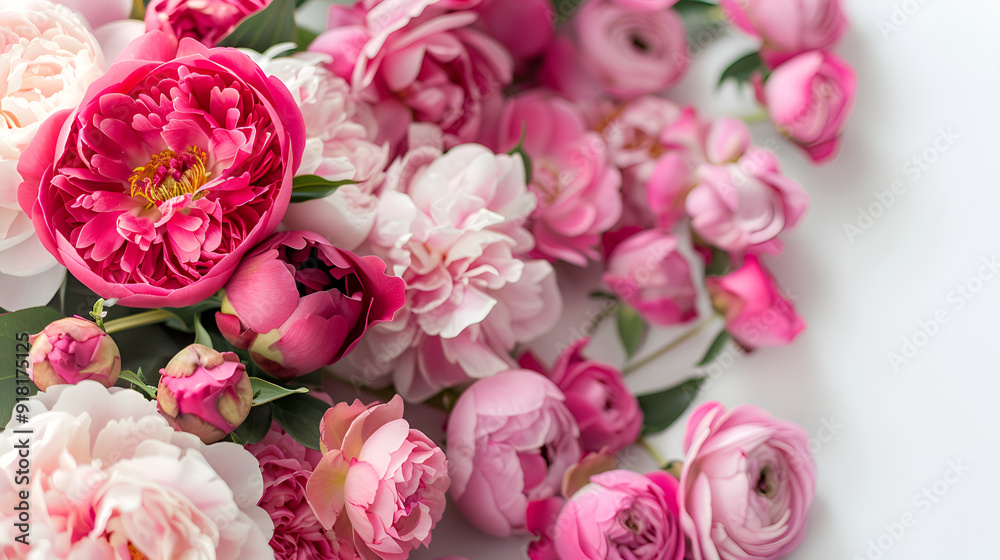 Fresh bunch of pink peonies and roses with copy space Fresh bunch of pink peonies and roses with copy space