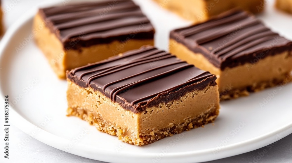 'Closeup of homemade peanut butter bars with a chocolate drizzle on a white plate, school lunch setting' 