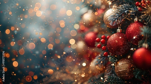 Festive Christmas Tree with Gold Bokeh Lights on Blurred Background - Merry Christmas and Happy New Year Celebration