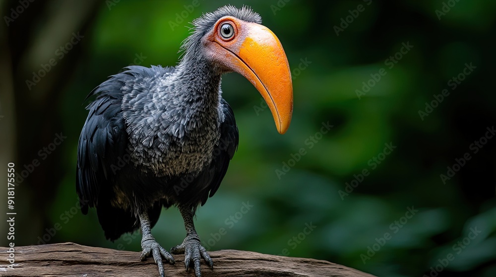 A highly detailed image of an exotic bird with a vibrant orange beak and textured feathers, perched on a branch against a lush green background - AI Generated Digital Art A highly detailed image of an exotic bird with a vibrant orange beak and textured feathers, perched on a branch against a lush green background - AI Generated Digital Art