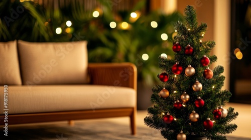 cozy beach bungalow interior decorated for Christmas, small Christmas tree with elegant ornaments, tropical accents, and warm lighting 
