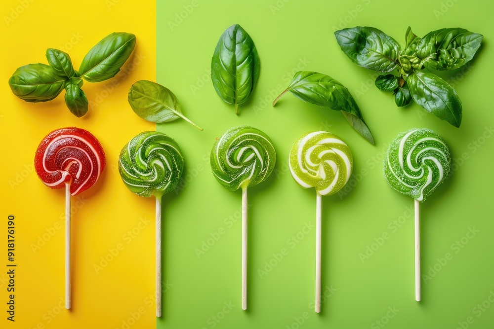 Green and Red Lollipops with Basil Leaves on a Yellow and Green Background Green and Red Lollipops with Basil Leaves on a Yellow and Green Background