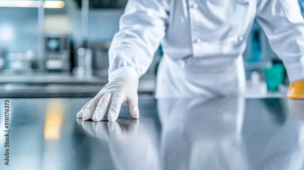 Detailed view of a chef disinfecting a stainless steel work surface, clean kitchen environment, emphasis on food safety and hygiene 