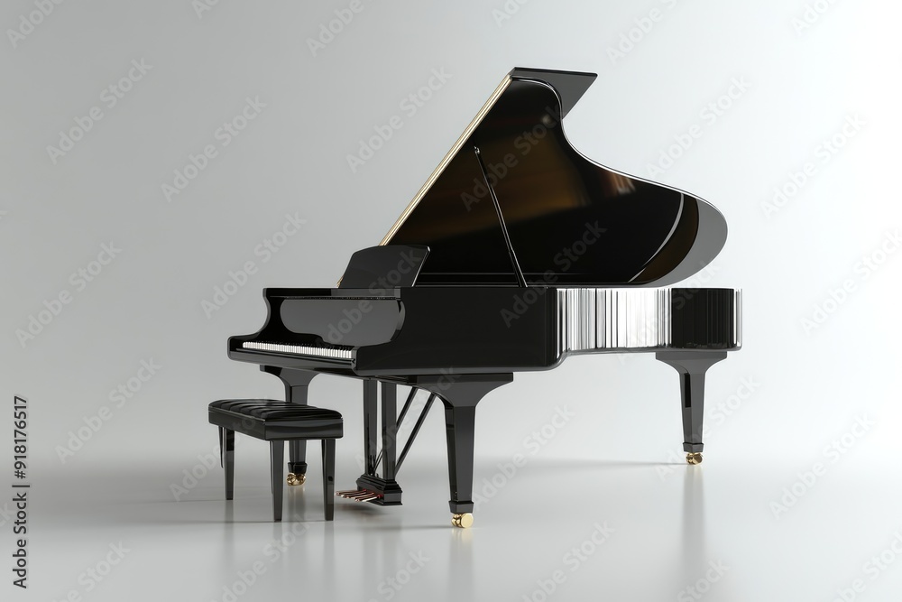 Black Grand Piano with Open Lid and Bench on White Background Black Grand Piano with Open Lid and Bench on White Background