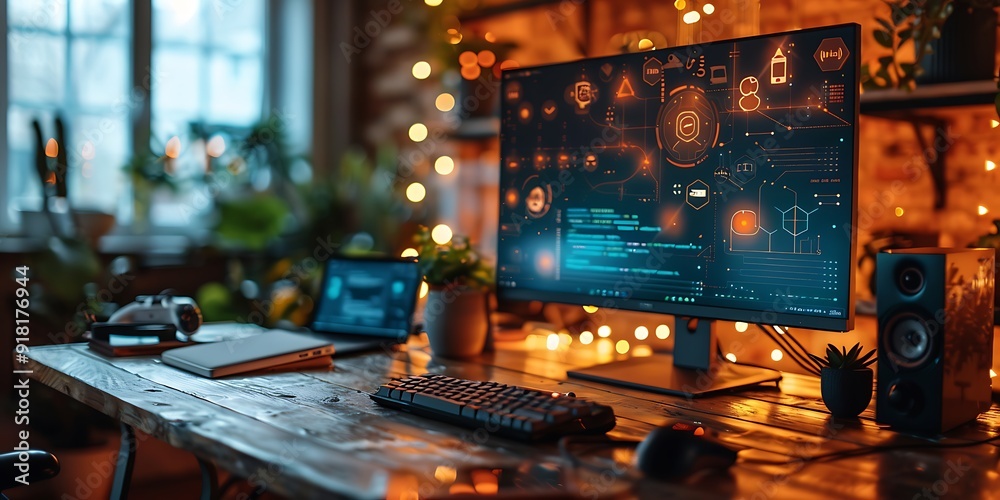 Technology Smart home with connected devices and digital icons Glowing house with symbolism Technology Smart home with connected devices and digital icons Glowing house with symbolism