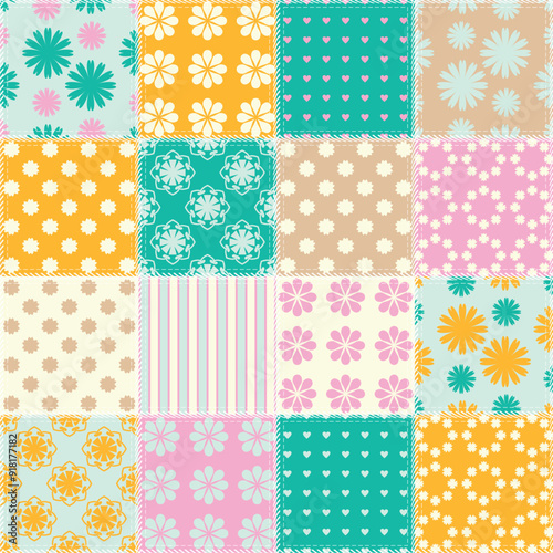 patchwork background with different patterns print for textile, paper, objects, seamless artistic decor handmade illustration vector 