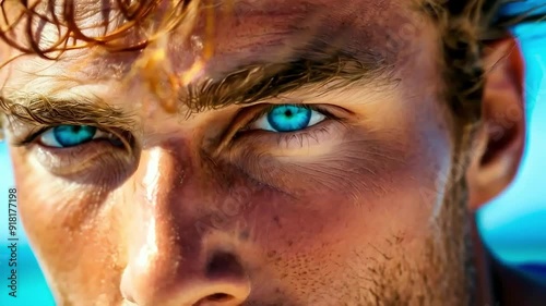 Close up of a man's blue eye with a sun-kissed face.