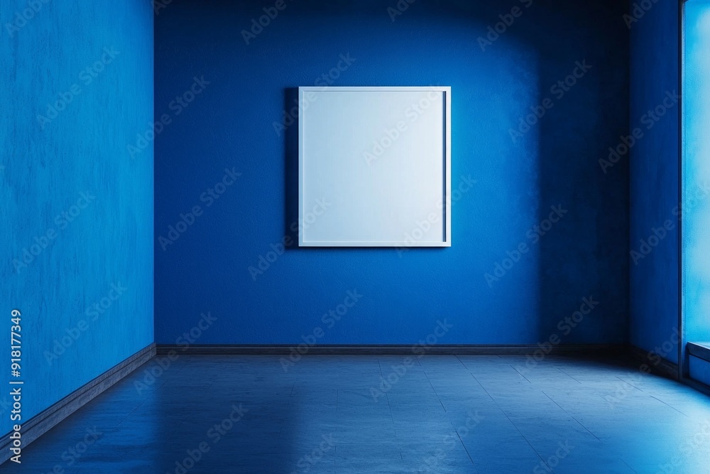 A blue color empty room with a white frame on the wall A blue color empty room with a white frame on the wall