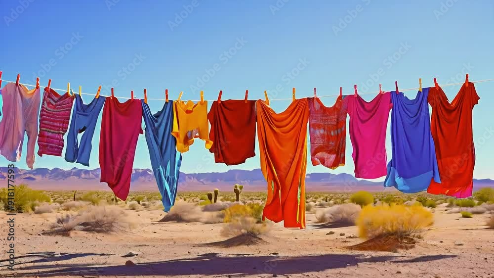 Colorful clothes drying on a clothesline in the desert. Colorful clothes drying on a clothesline in the desert.