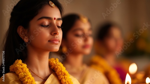 family performing Diwali puja (prayer) at home, traditional setup with diyas, flowers, and idols, sacred and festive ambiance  photo