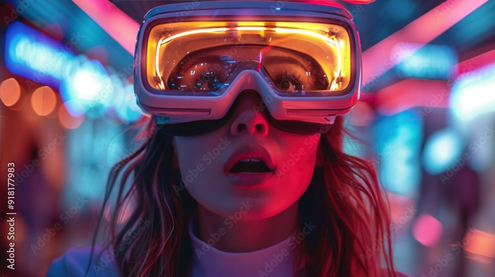 Exploring the Metaverse: Young Woman Amazed in VR Headset for Futuristic Gaming and Entertainment Exploring the Metaverse: Young Woman Amazed in VR Headset for Futuristic Gaming and Entertainment