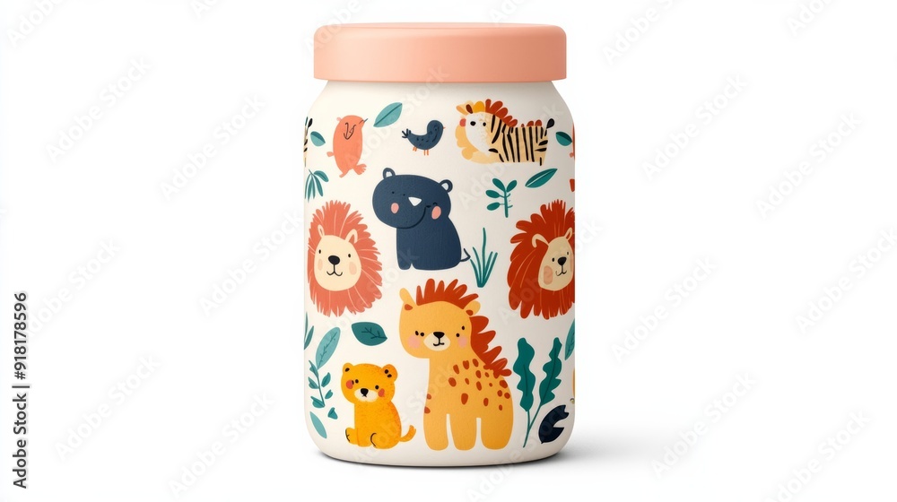 Obraz premium Fun baby food package design with a jungle theme, featuring cute animal illustrations, vibrant colors, and playful typography, isolated on a white background 