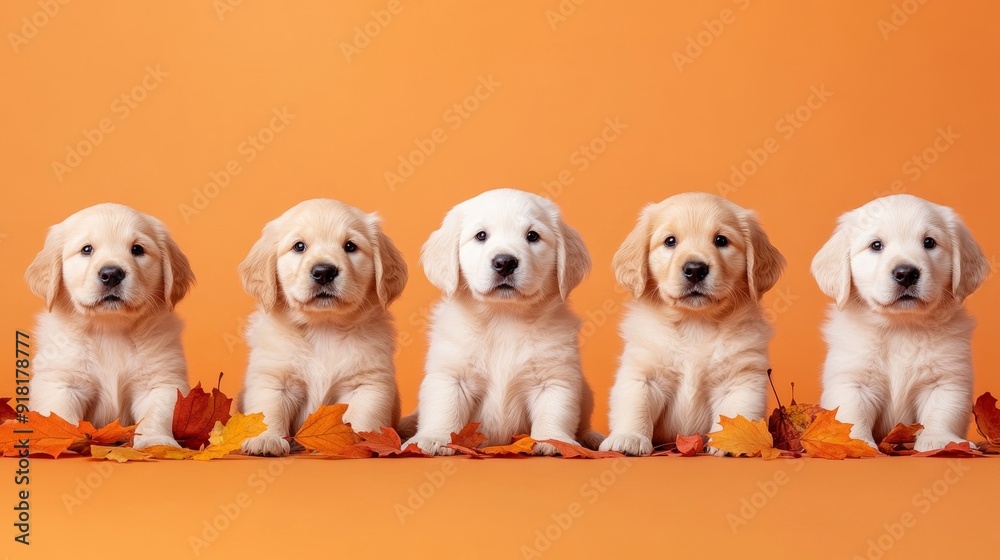 Golden retriever puppies in a row, surrounded by autumn leaves, on a warm orange background, cozy and seasonal Golden retriever puppies in a row, surrounded by autumn leaves, on a warm orange background, cozy and seasonal