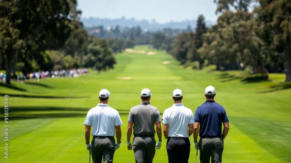 Fototapeta premium Golfers walking down the fairway, discussing strategy, spectators lined along the course, scenic background 