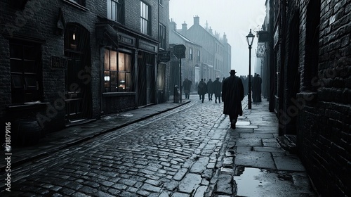 A dimly lit, foggy cobblestone street in a historical setting, with figures in dark coats and top hats walking in the rain - AI Generated Digital Art