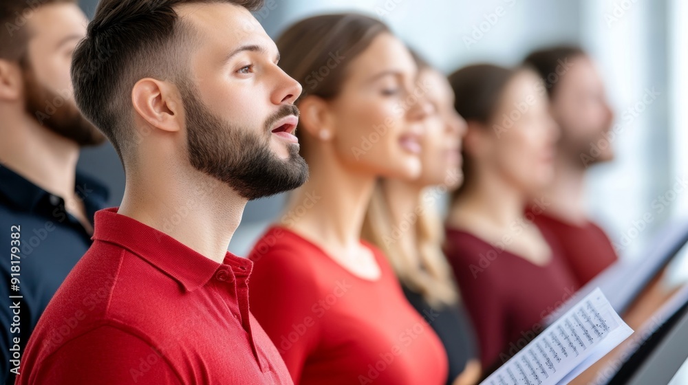 Group of church singers rehearsing with a piano in a bright room, sheet music and casual attire, focused expressions, medium shot Group of church singers rehearsing with a piano in a bright room, sheet music and casual attire, focused expressions, medium shot