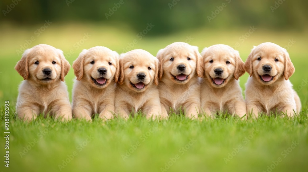 Group of golden retriever puppies in a row, sitting on a grassy lawn, looking at the camera with playful expressions, bright sunny day, green background Group of golden retriever puppies in a row, sitting on a grassy lawn, looking at the camera with playful expressions, bright sunny day, green background