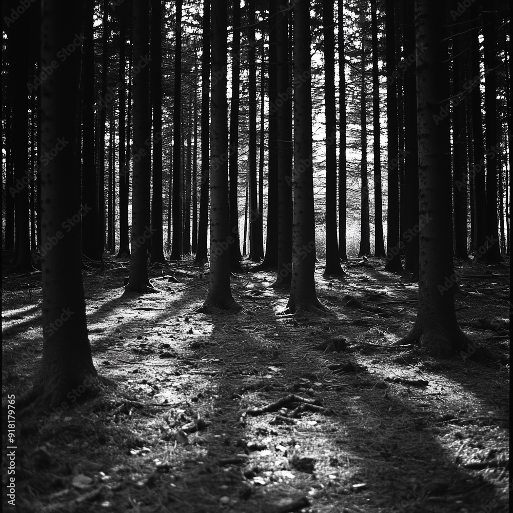 Naklejka premium black and white forest landscape, monochrome picture of forest background