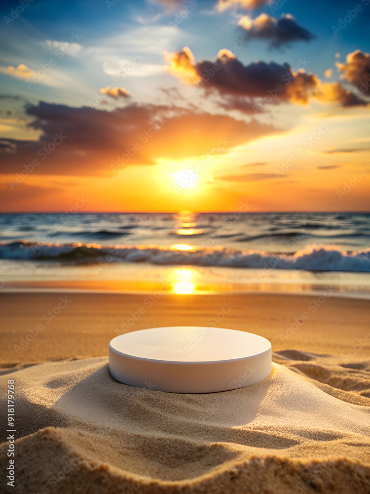Create a background with a beach, sun, and a beautiful sunset, and include a round pedestal for a product. Create a background with a beach, sun, and a beautiful sunset, and include a round pedestal for a product.