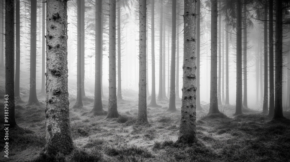 Naklejka premium black and white forest landscape, monochrome picture of forest background