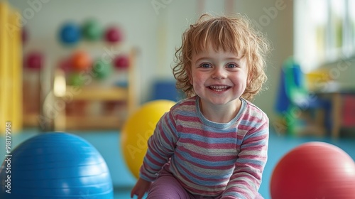 A young girl is smiling and playing with a bunch of colorful balls