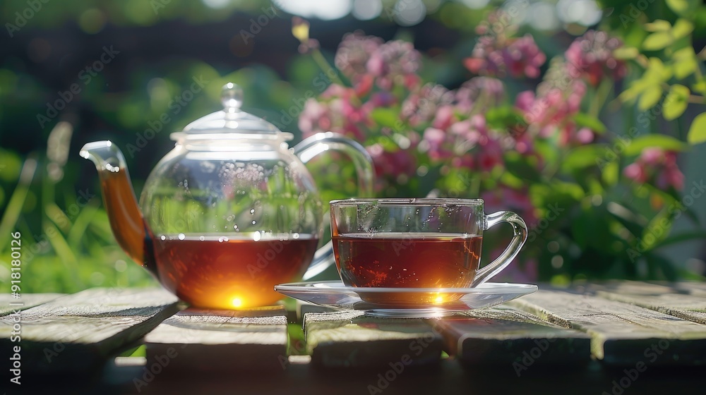 Black tea in glass cup and teapot on summer outdoor background. Copy space. Black tea in glass cup and teapot on summer outdoor background. Copy space.