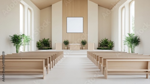 High-tech modern church with digital donation stations  large interactive screens  and minimalist design  bright and inviting interior 