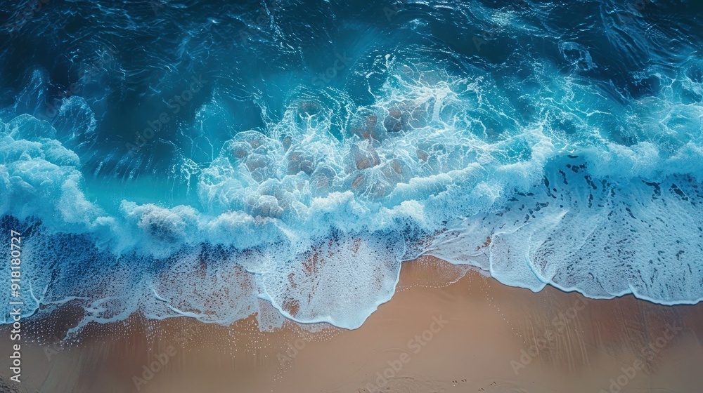 Summer Bliss: Aerial View of Blue Ocean Waves on Beach - Perfect Background for Natural Vacation and Holidays Summer Bliss: Aerial View of Blue Ocean Waves on Beach - Perfect Background for Natural Vacation and Holidays