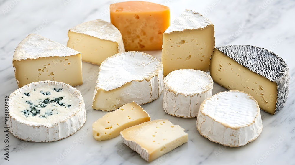 Artisanal cheese platter, white marble tabletop, variety of cheeses, brie, blue cheese, gouda, camembert, cheese wheel slices, soft and hard cheeses, rich textures, food styling. Artisanal cheese platter, white marble tabletop, variety of cheeses, brie, blue cheese, gouda, camembert, cheese wheel slices, soft and hard cheeses, rich textures, food styling.