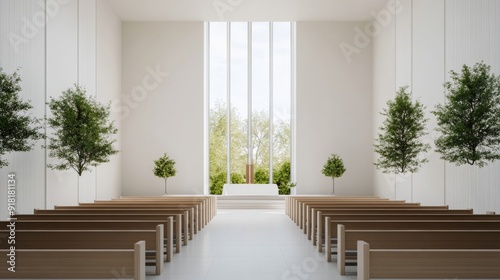 Interior of a modern church with high ceilings  large windows allowing natural light to flood in  simple and elegant decor  rows of minimalist pews  peaceful and serene atmosphere 