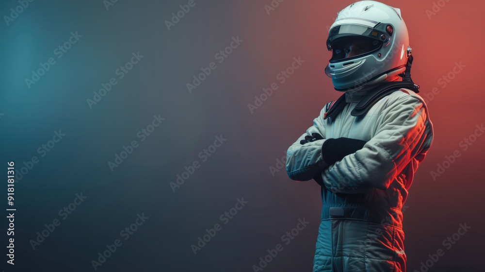 Medium Shot of a Confident Racing Driver Standing With Arms Crossed in Racing Suit and Helmet