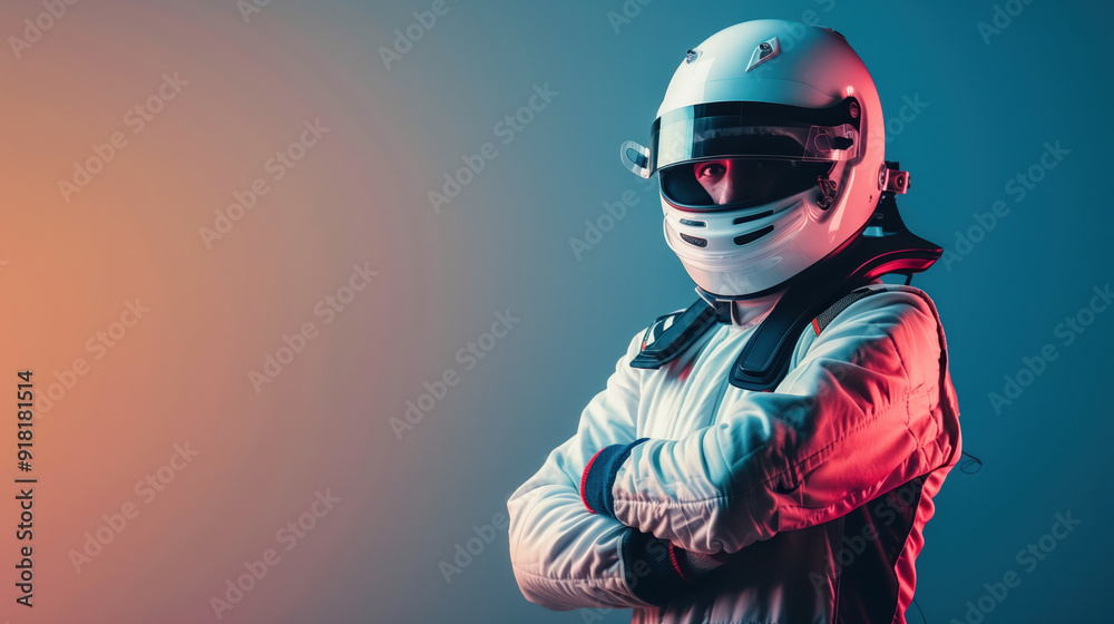 Confident Racing Driver in Helmet and Suit Standing with Arms Crossed Confident Racing Driver in Helmet and Suit Standing with Arms Crossed