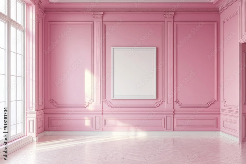 A pink color empty room with a white frame on the wall A pink color empty room with a white frame on the wall