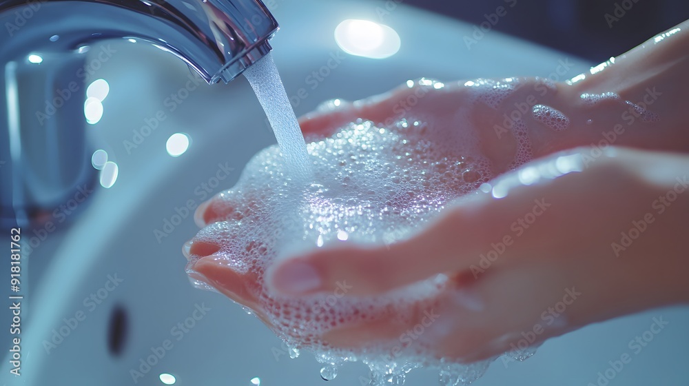 Fototapeta premium Bright, clean bathroom sink, hands cupping water and soap suds, chrome faucet, water droplets, hygiene, soft lighting, close-up shot, smooth surfaces, crystal clear water flow.