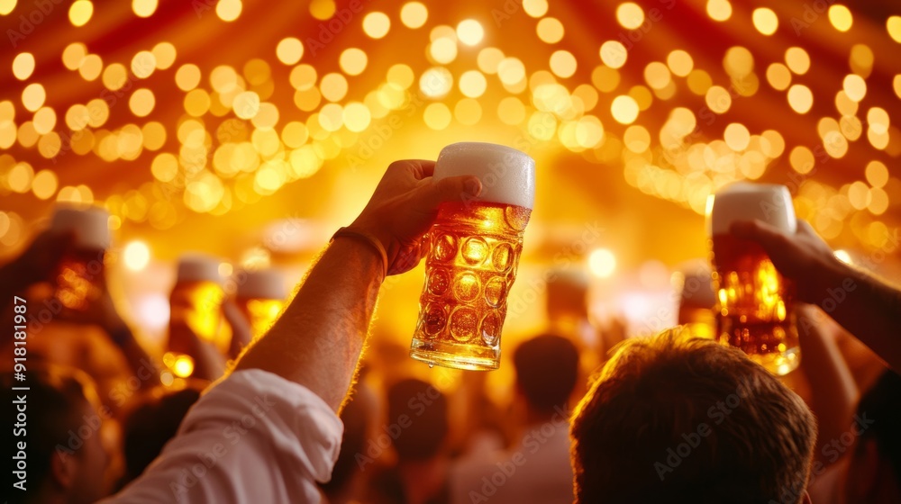 Φωτογραφία Lively scene of Oktoberfest revelers cheering with beer, traditional band playin