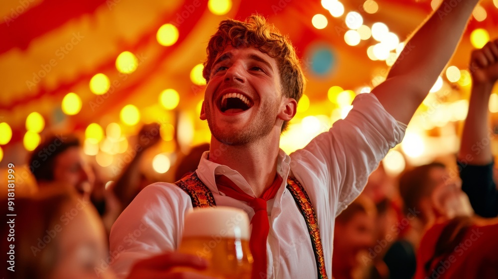 Φωτογραφία Lively scene of Oktoberfest revelers cheering with beer, traditional band playin