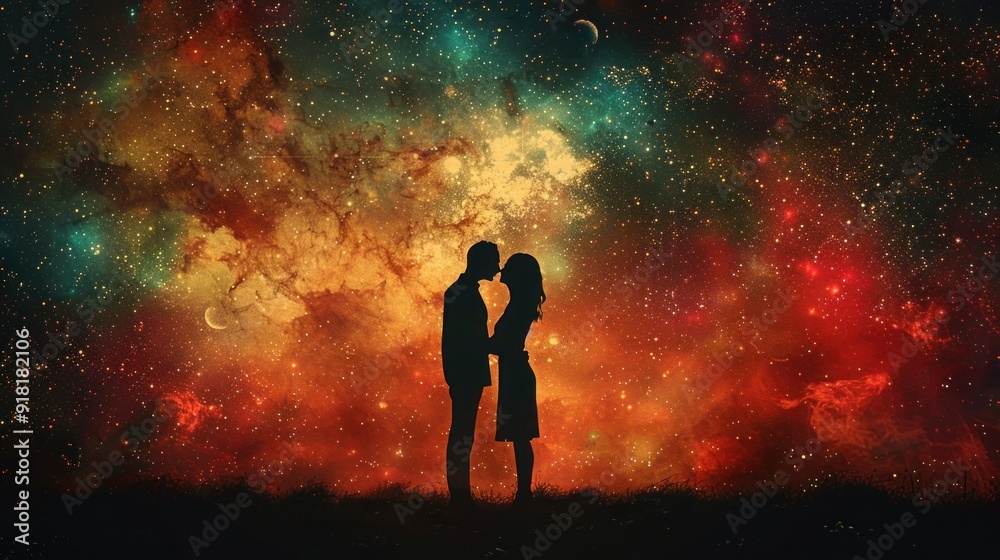 Souls in Love: Silhouettes of a Man and Woman Against Cosmic Background, Symbolizing Esoteric and Spiritual Life Souls in Love: Silhouettes of a Man and Woman Against Cosmic Background, Symbolizing Esoteric and Spiritual Life
