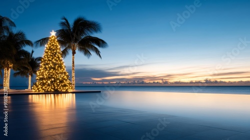 luxurious tropical beach resort decorated for Christmas with elegant lights, palm trees, and a beautifully adorned Christmas tree by the ocean, festive and exotic  photo